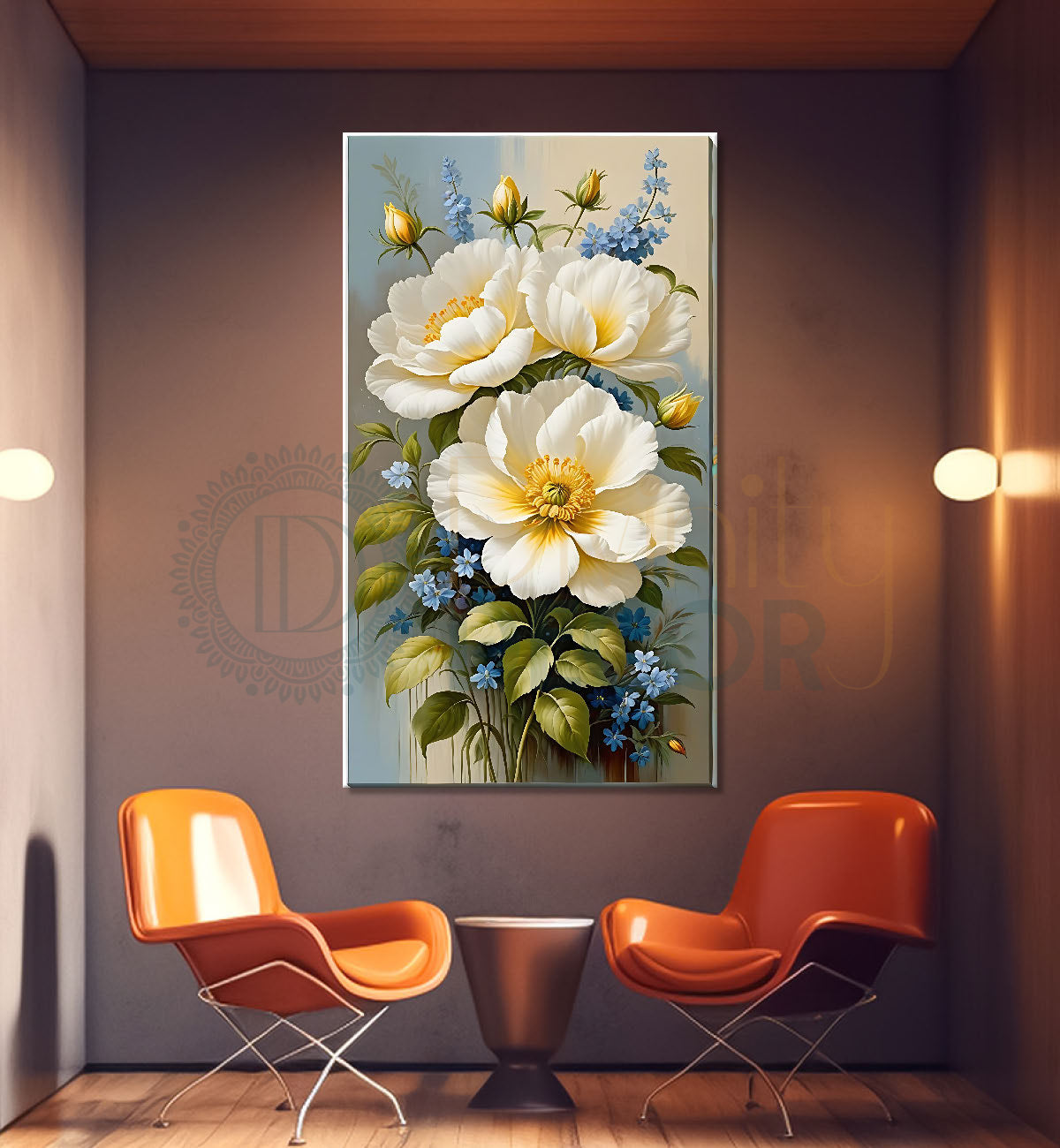 White flowers in grey textured painting- Flower-V-548