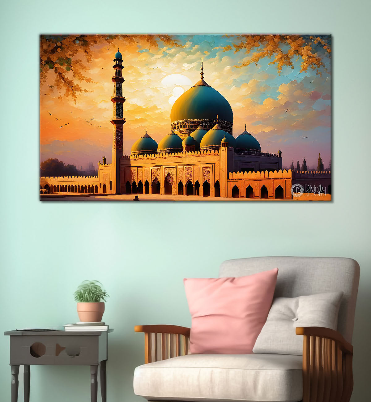 beautiful Islamic mosque with sunset textured oil painting Canvas Painting - Islamic paintings - 55