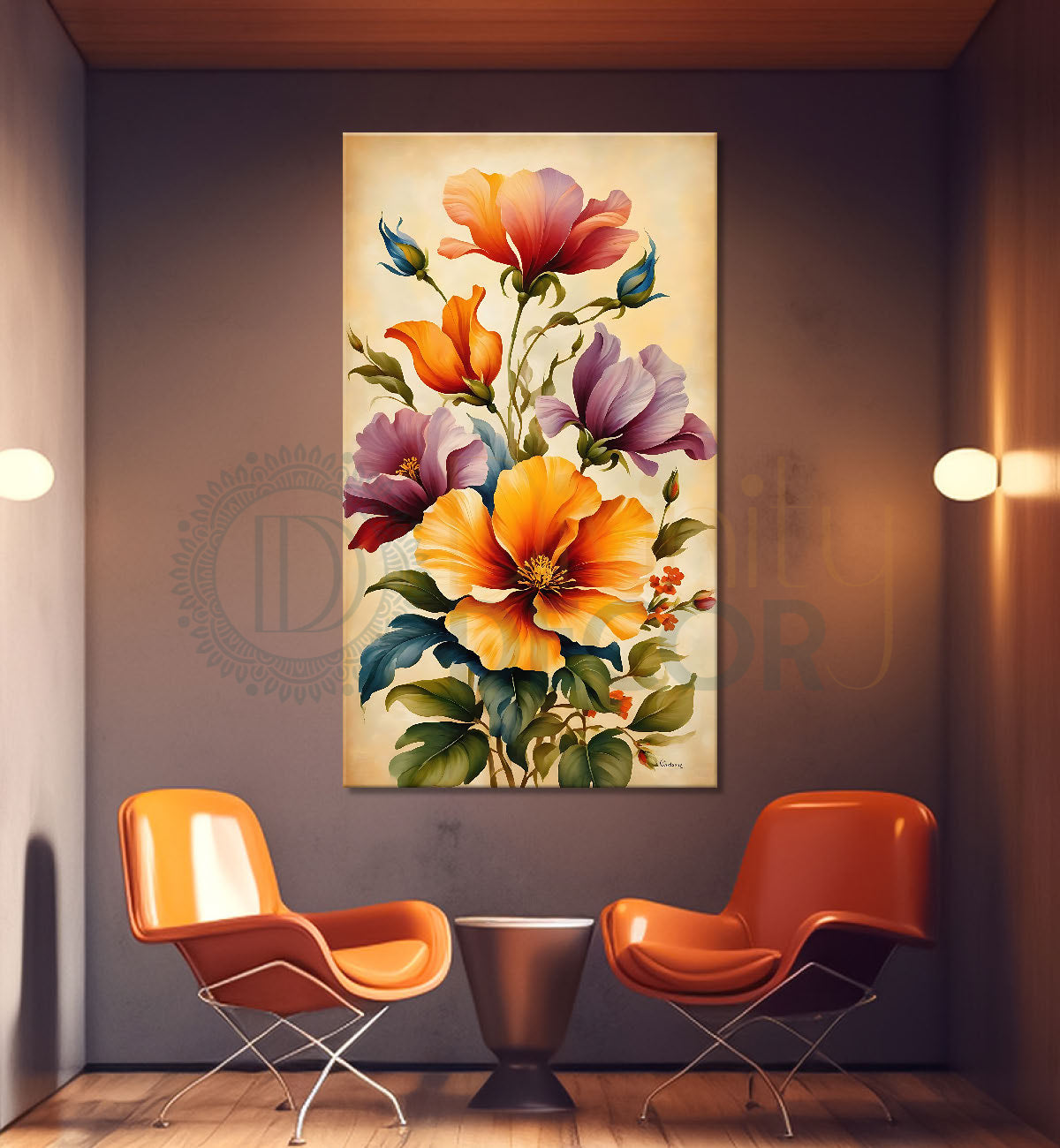 Yellow and purple flowers in light background painting - Flower-V-550