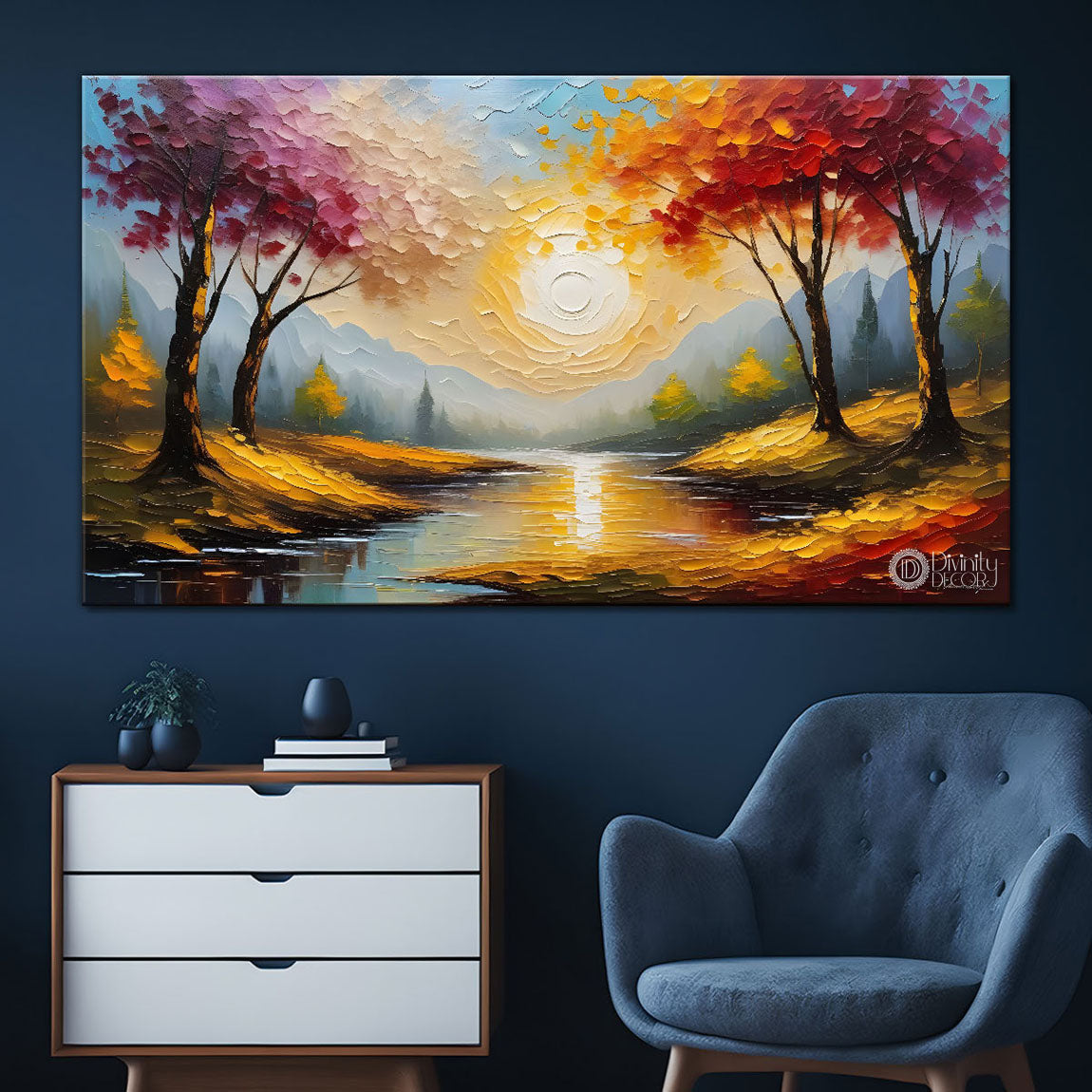 Colorful tree with sun and lake painting Canvas Painting - Nature Art -551