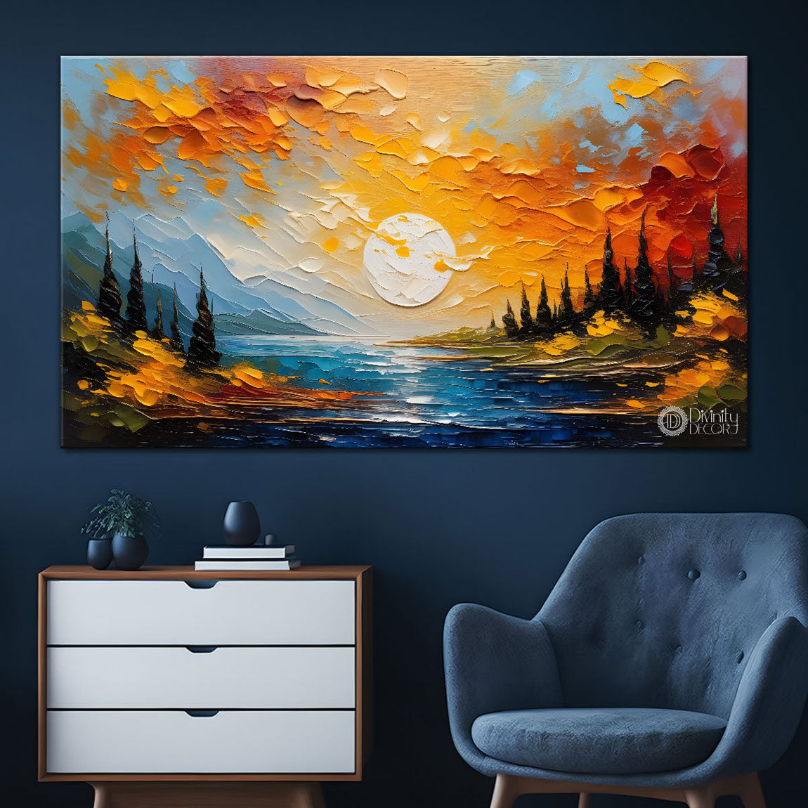 Sunset view in textured painting Canvas Painting - Nature Art -554