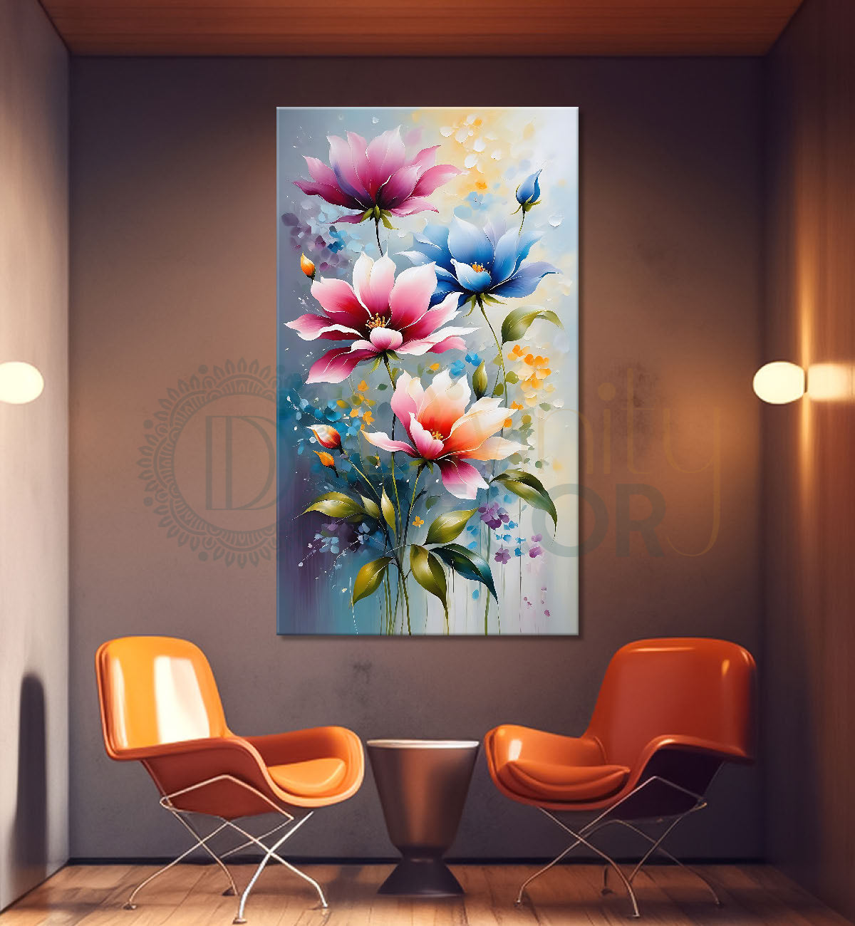 Blue and pink flowers in grey textured background   - Flower-V-554