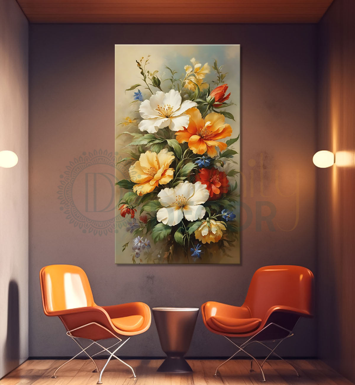 White and orange flowers in grey textured art  - Flower-V-555
