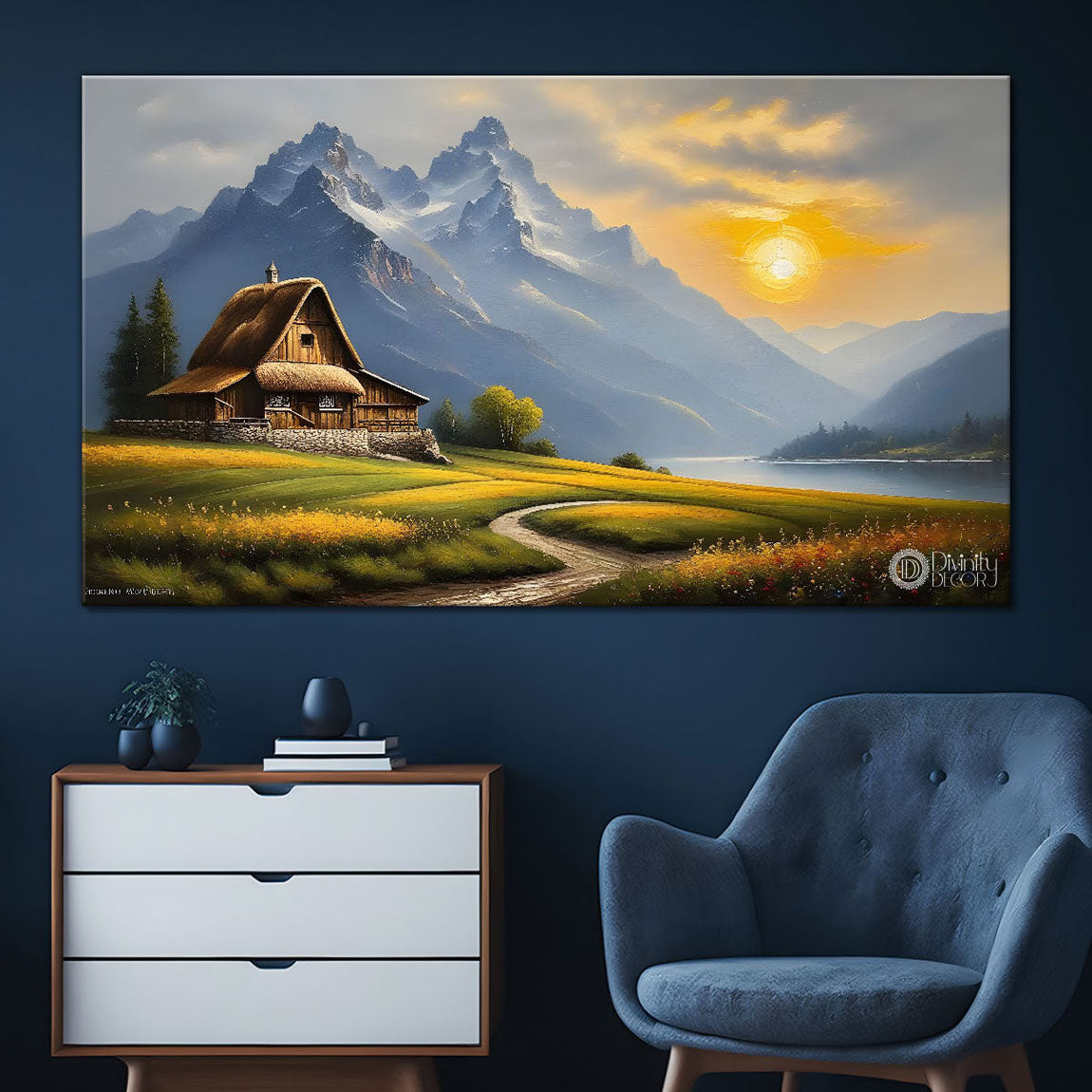 Mountains with greenery and house painting Canvas Painting - Nature Art -556