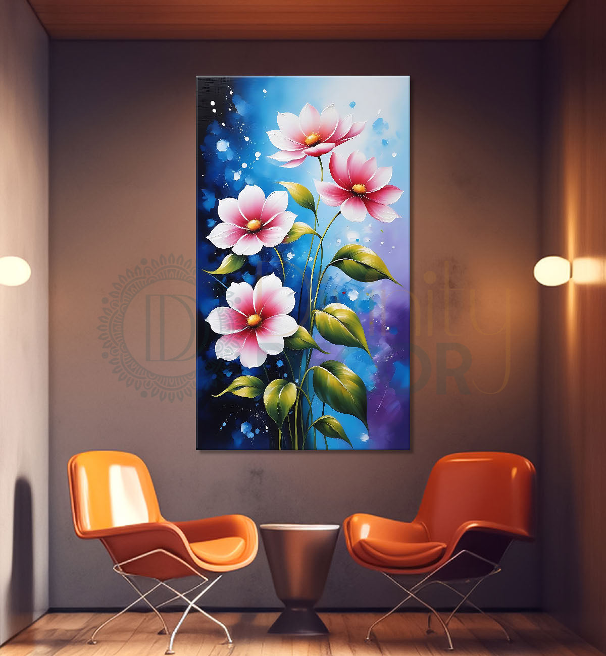 Pink flowers in blue textured painting  - Flower-V-556