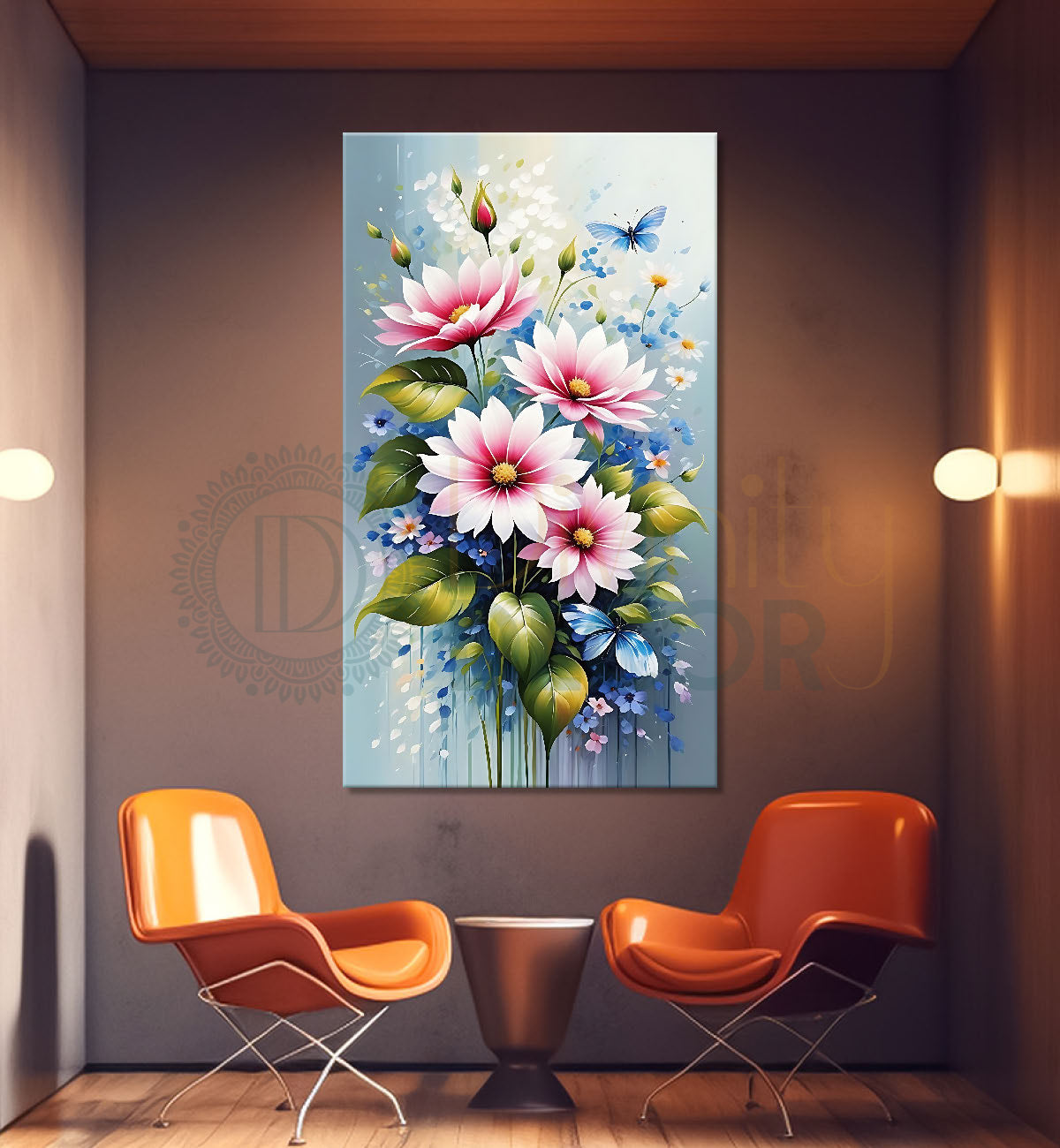 Pink flowers in grey textured painting- Flower-V-558