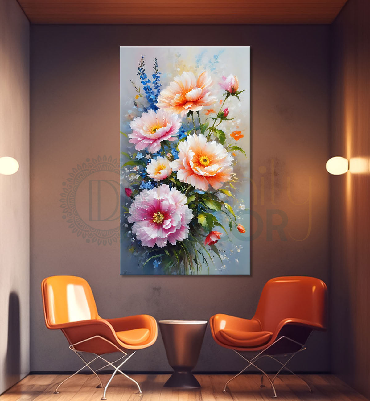 Pink flowers in grey textured painting- Flower-V-559