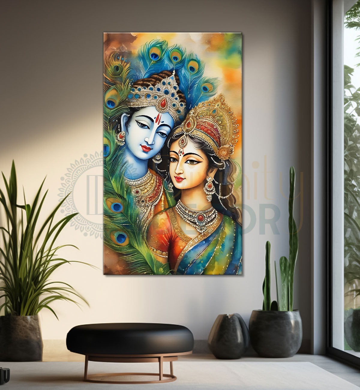 Blue face of krishna with radha in water colour textured art  Canvas Painting - Design - Krishna-V-55
