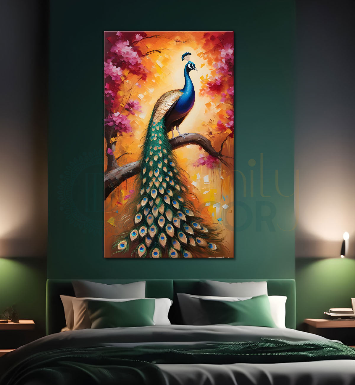Peacock on branch with bright background modern art painting  - Design - Peacock-V-55
