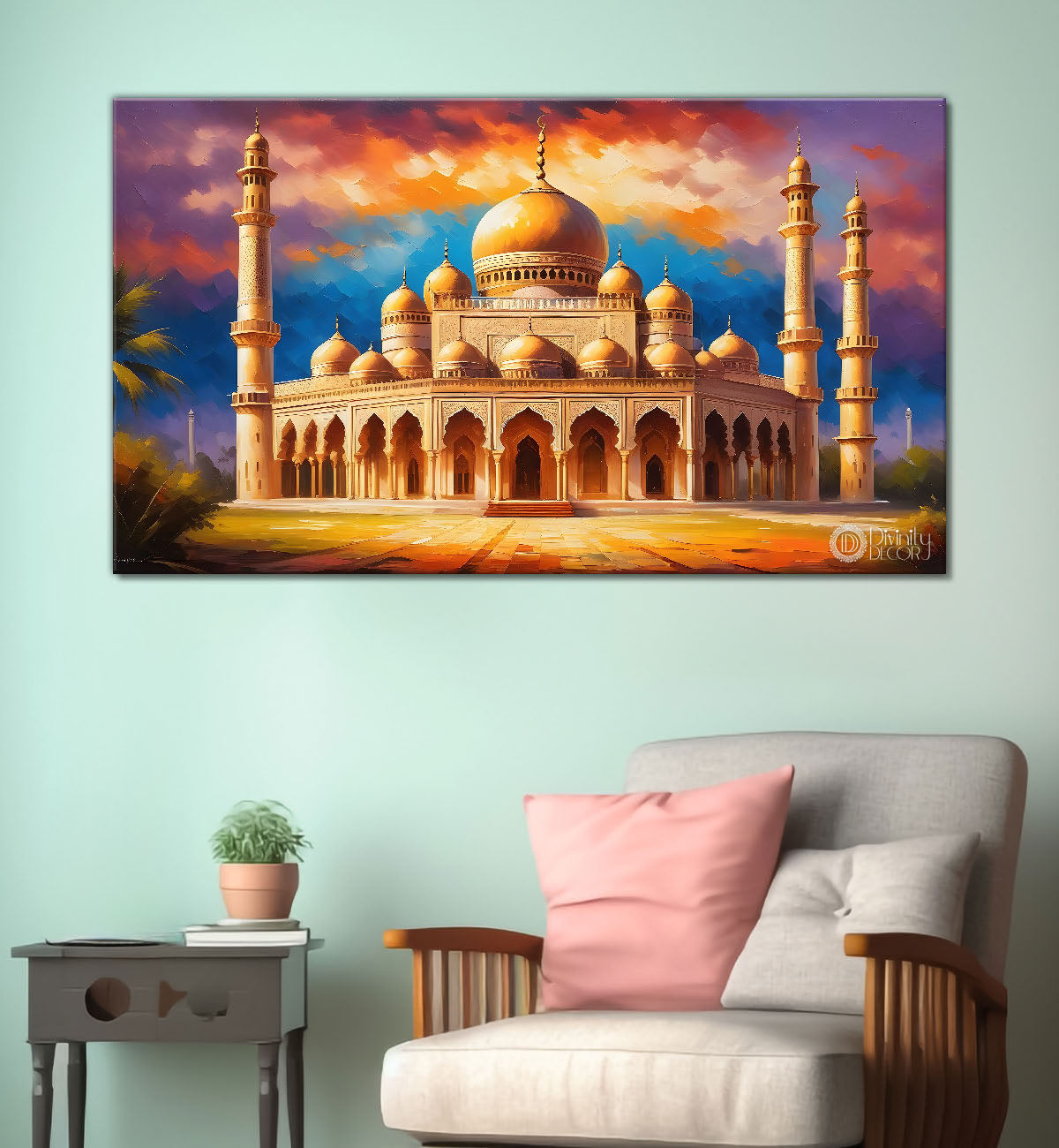 beautiful Islamic mosque with sunset textured oil painting Canvas Painting - Islamic paintings - 56