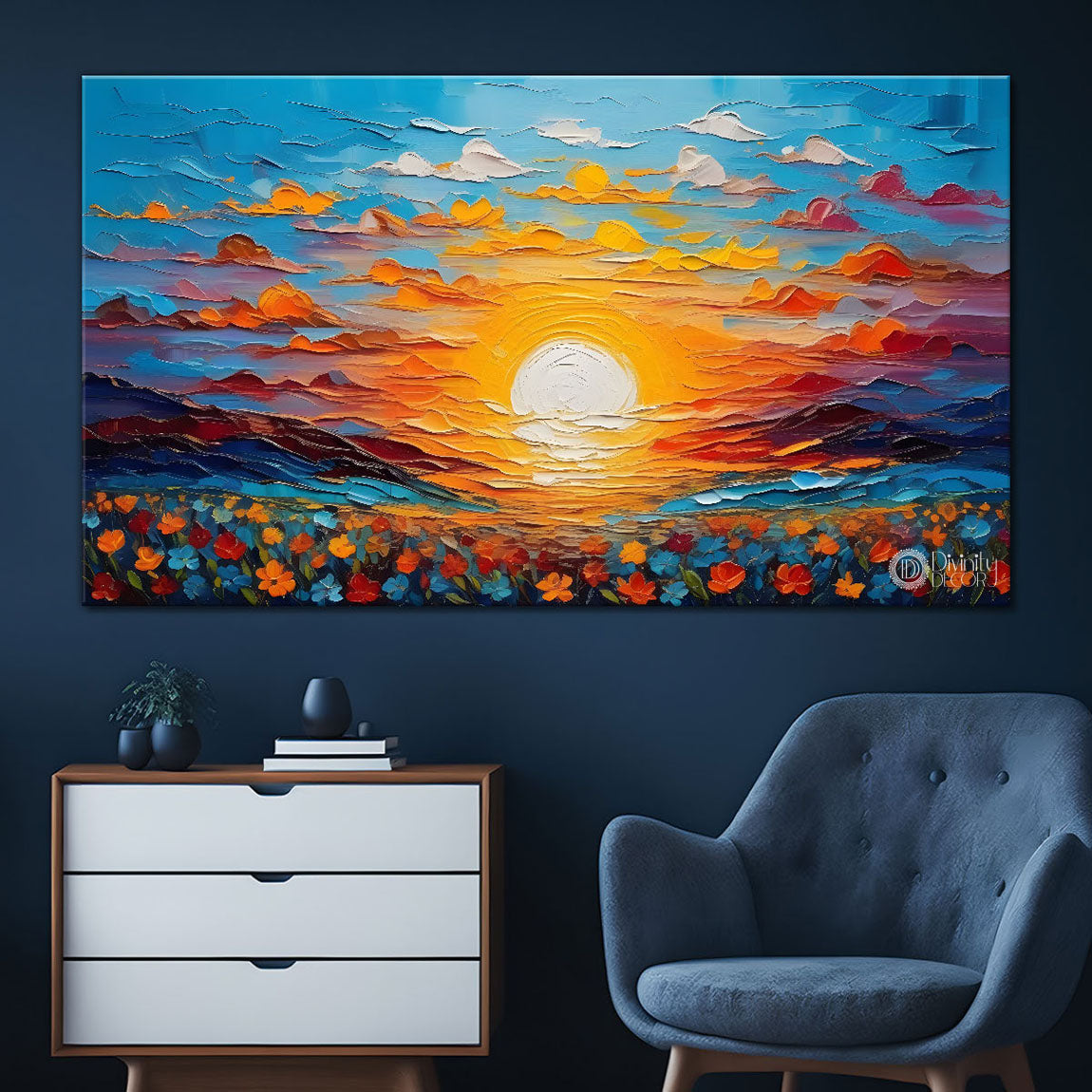 Sunrise with flowers painting Canvas Painting - Nature Art -560