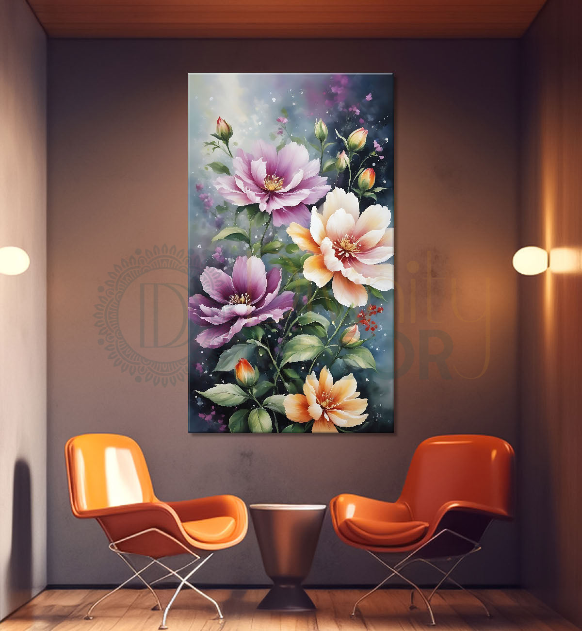 Purple and white flowers in grey textured painting- Flower-V-560