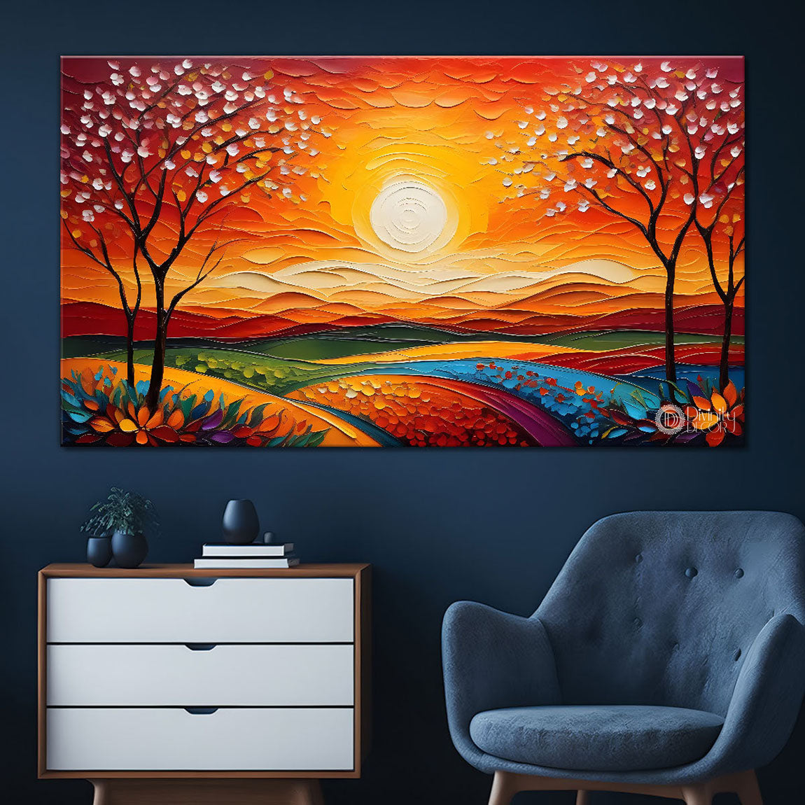 Pink trees with sunset painting Canvas Painting - Nature Art -561
