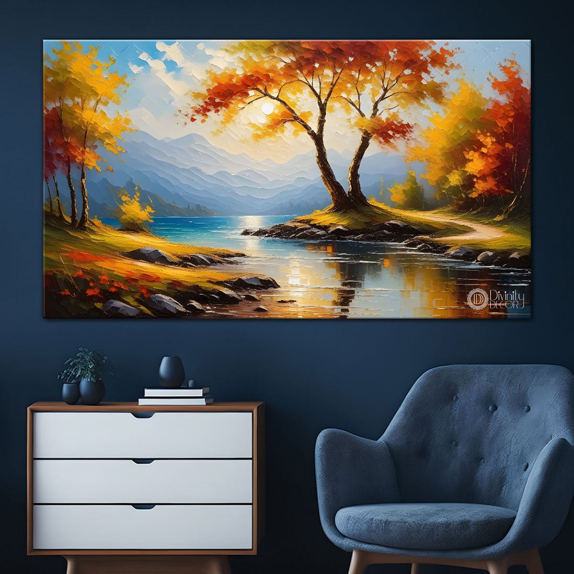 Orange trees with lake painting Canvas Painting - Nature Art -562