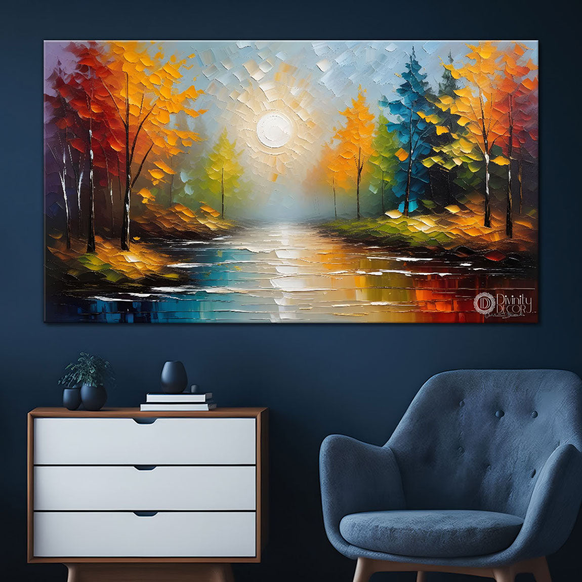 Colorful trees with the lake painting Canvas Painting - Nature Art -563