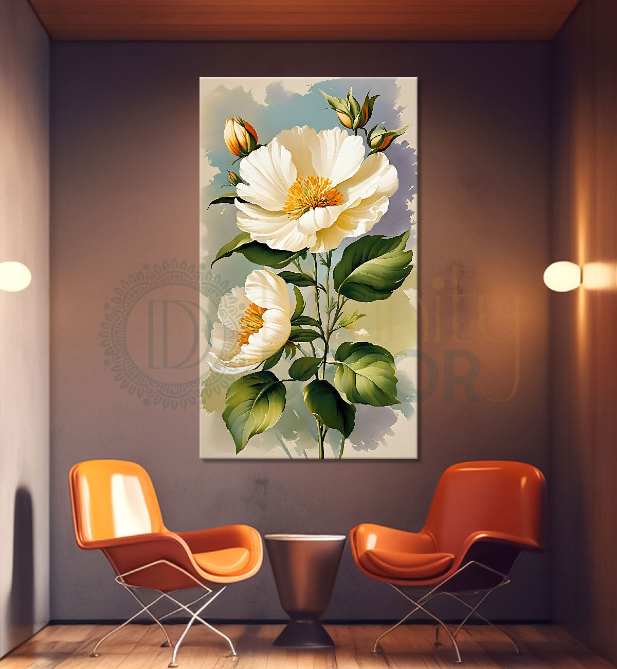 White flowers in grey textured painting- Flower-V-563