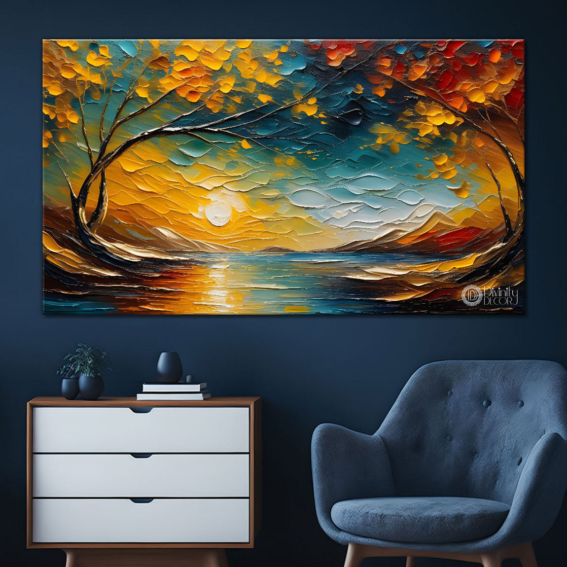 Colorful trees with lake painting Canvas Painting - Nature Art -564