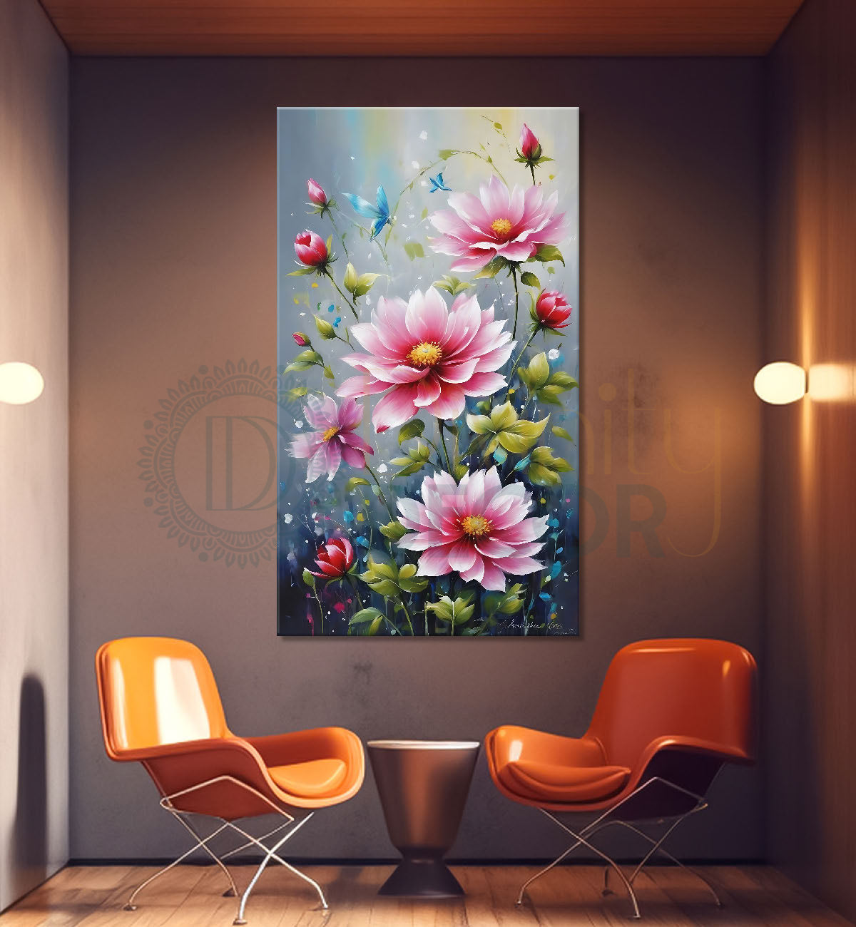 Pink flowers in grey textured painting- Flower-V-564