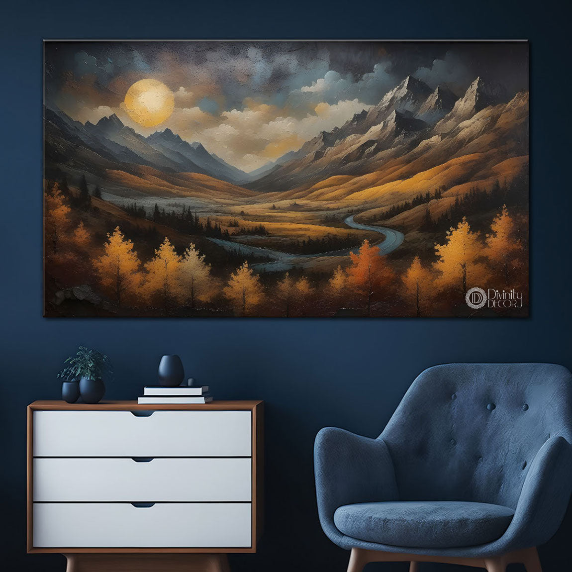 Mountains with moon in dark painting Canvas Painting - Nature Art -565