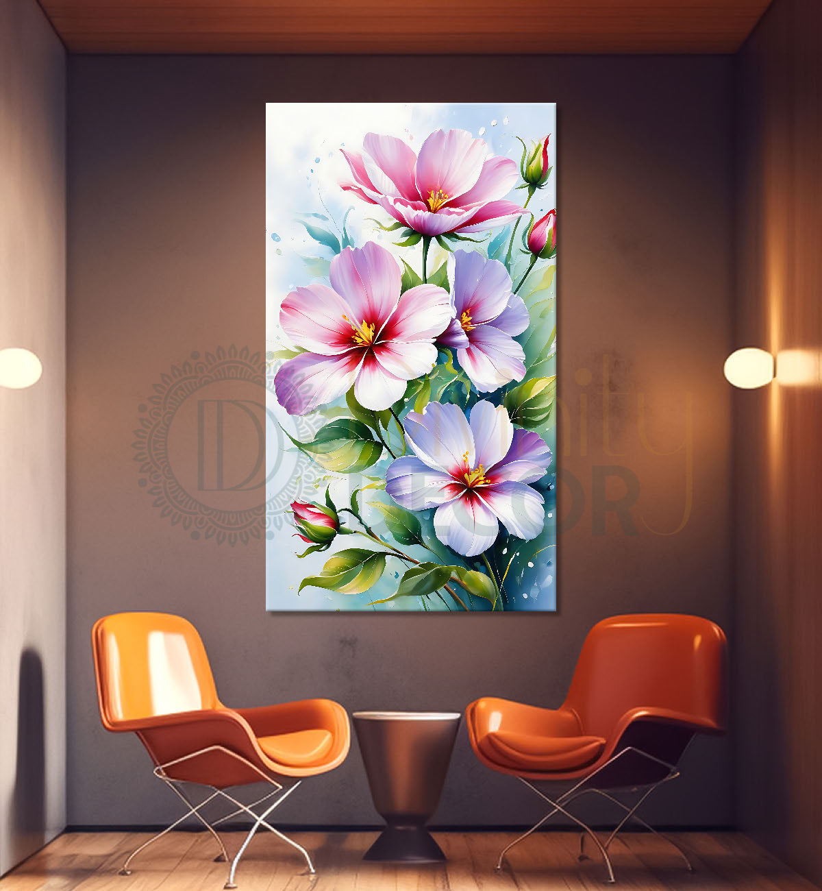 Pink flowers in blue textured painting- Flower-V-565