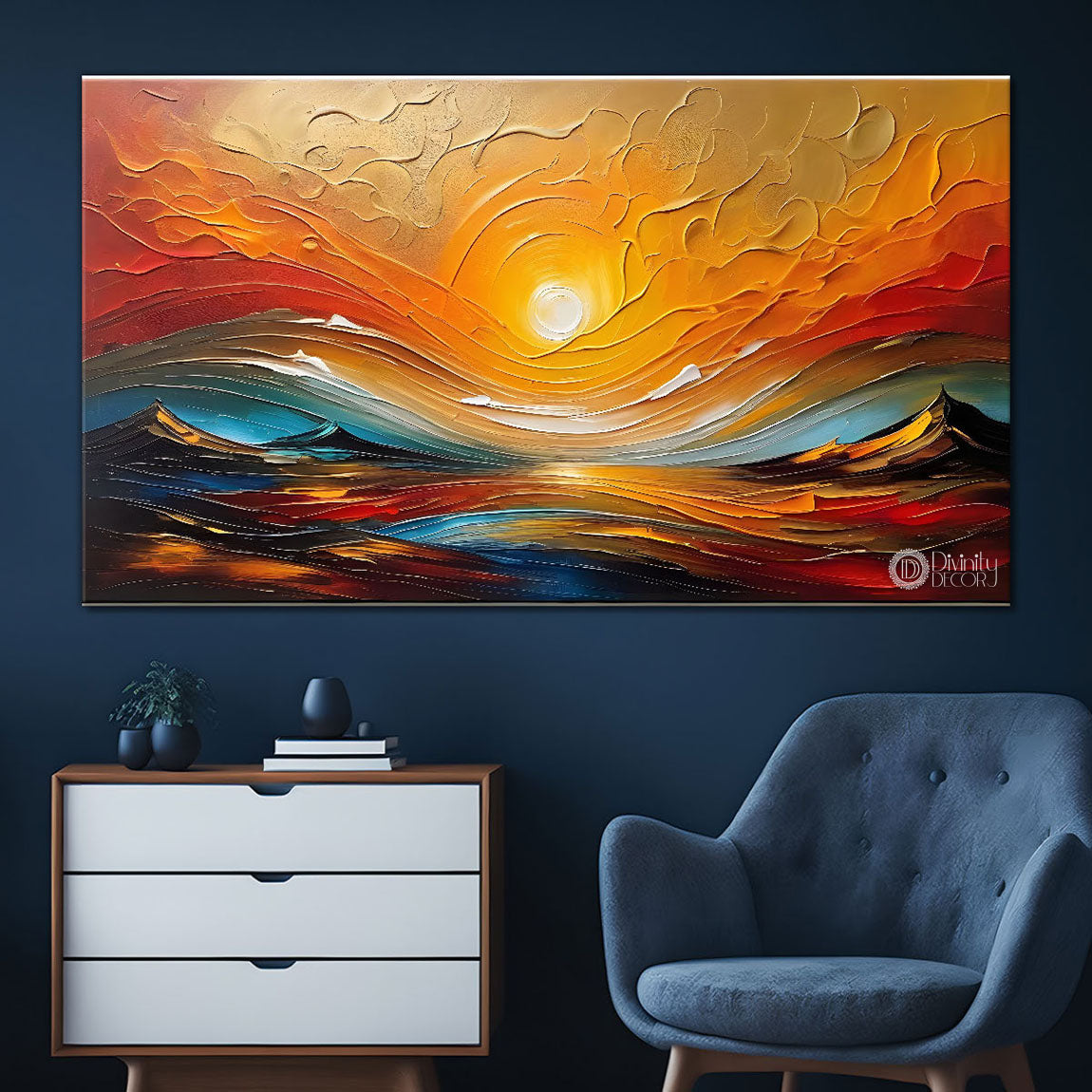 Sunset with mountains painting Canvas Painting - Nature Art -566