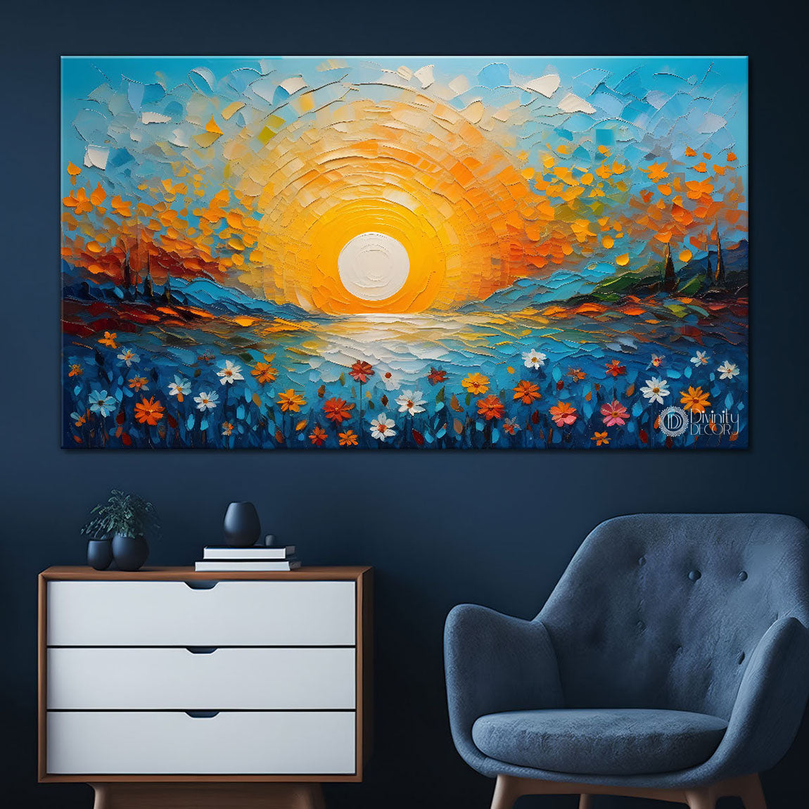 Sunset with flowers painting Canvas Painting - Nature Art -567
