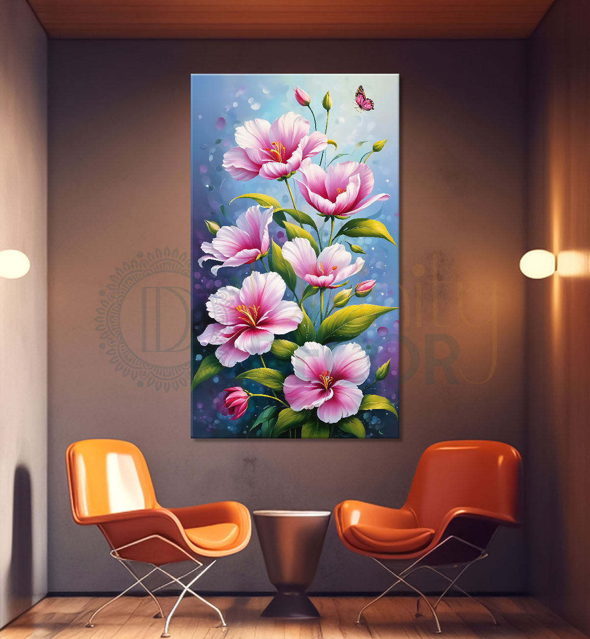 Pink flowers in blue textured painting - Flower-V-568