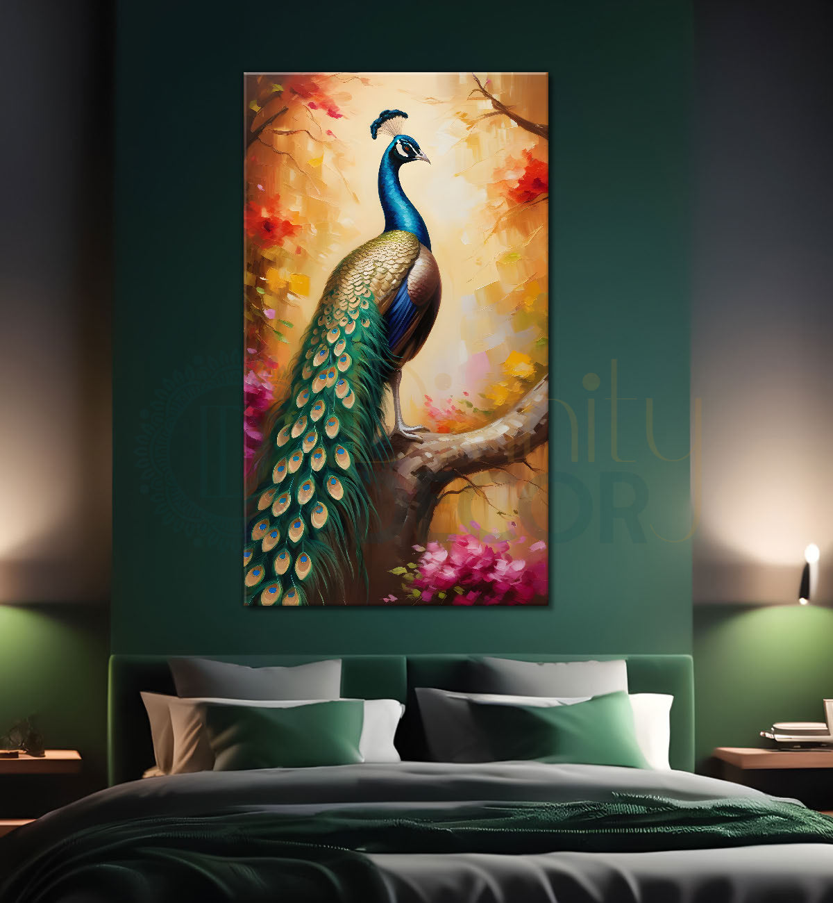 Peacock on branch with bright background modern art painting - Design - Peacock-V-56