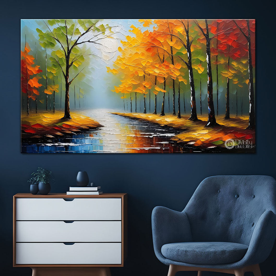 Colorful tree with lake painting Canvas Painting - Nature Art -570