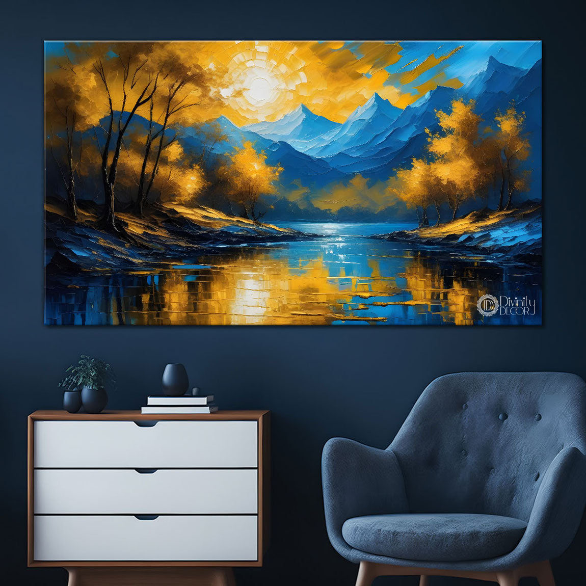 Blur mountains with yellow trees painting Canvas Painting - Nature Art -571