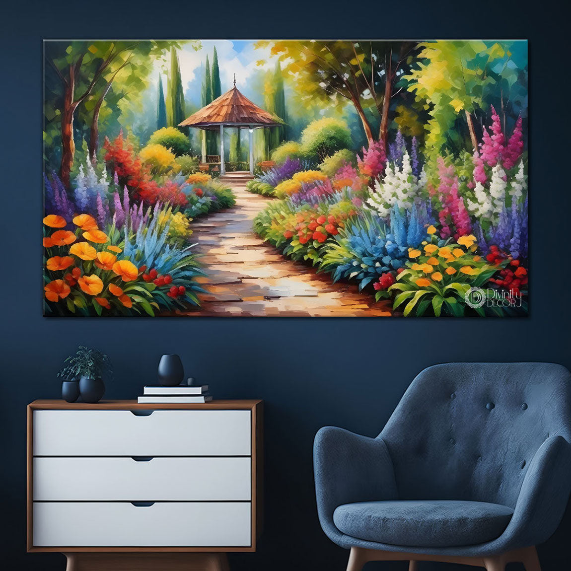 Trees with colorful flowers with a way textured painting Canvas Painting - Nature Art -573