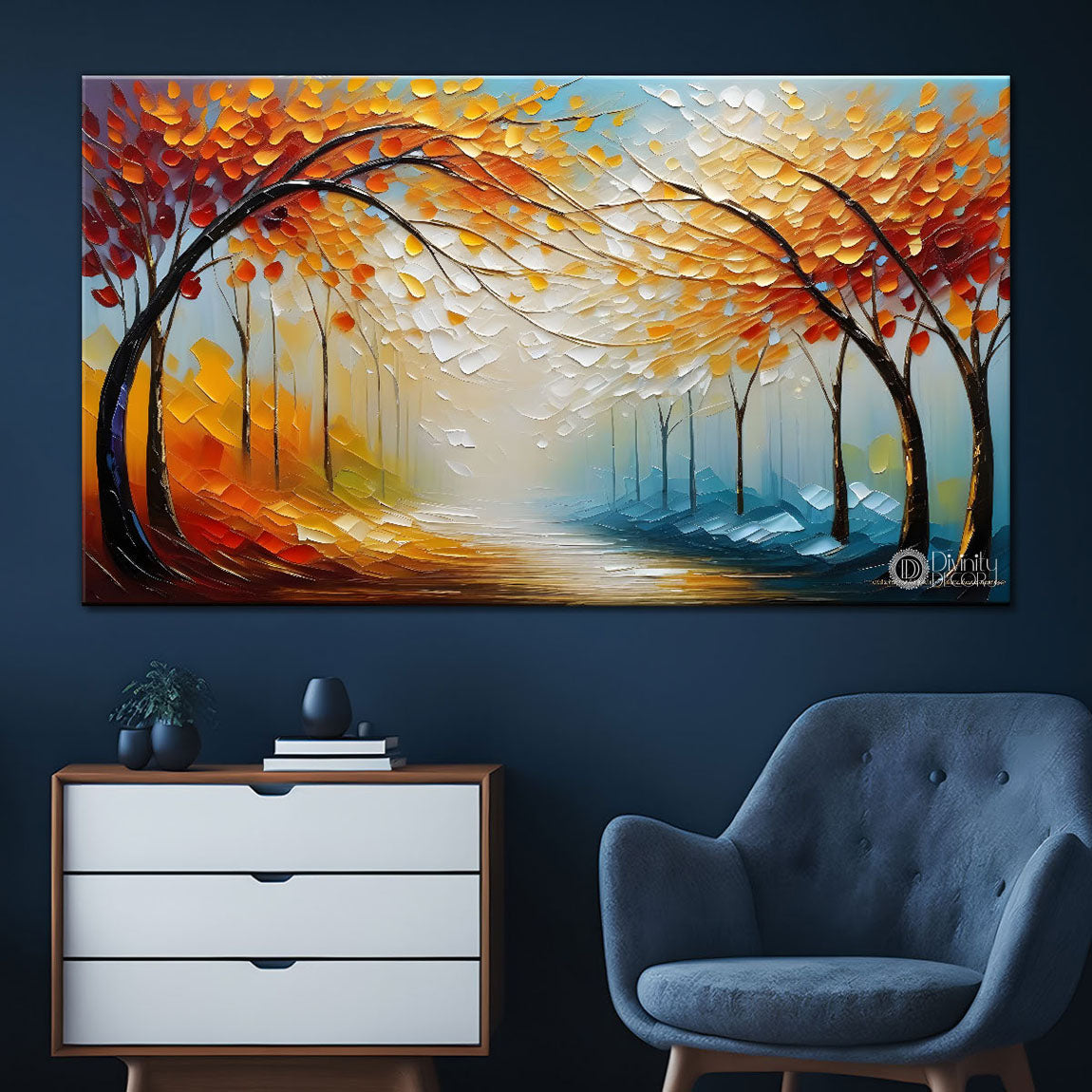 Orange trees with blue background textured painting Canvas Painting - Nature Art -574