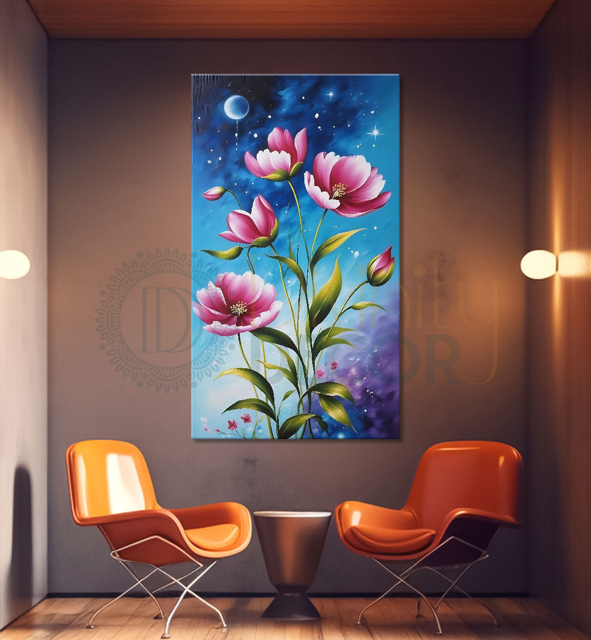 Pink flowers in blue textured painting- Flower-V-574