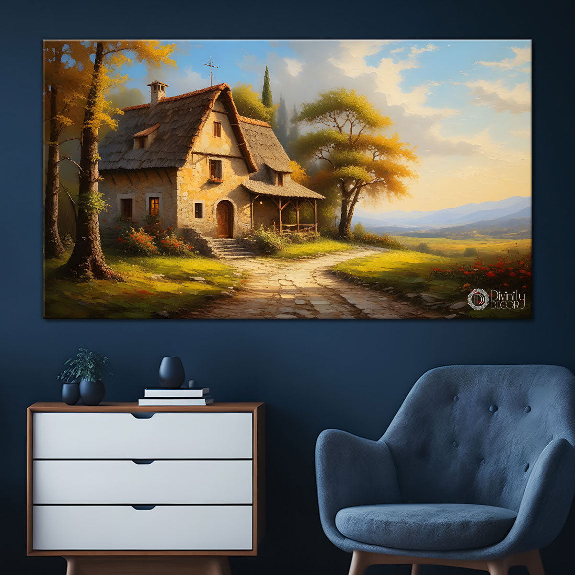 House on the way with blue sky textured painting Canvas Painting - Nature Art -575