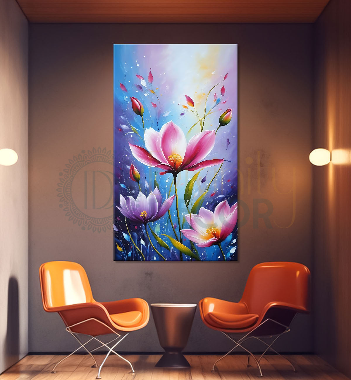 Pink flowers in blue textured painting- Flower-V-575