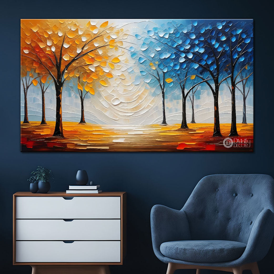 Blue and orange trees textured painting Canvas Painting - Nature Art -576