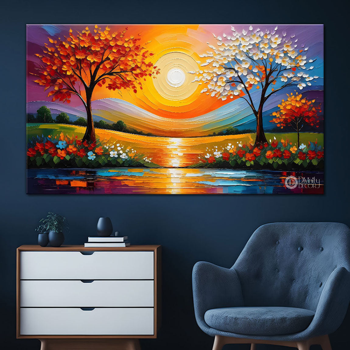 Colorful trees with sun and lake painting Canvas Painting - Nature Art -577