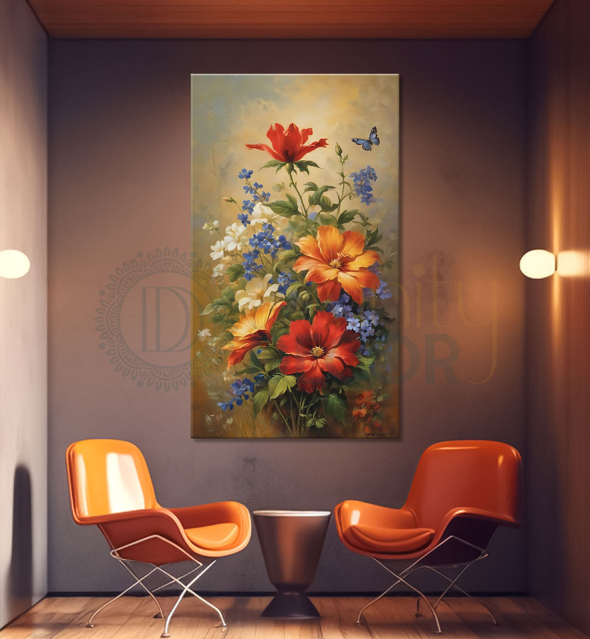 Red and yellow flowers in light textured painting - Flower-V-577