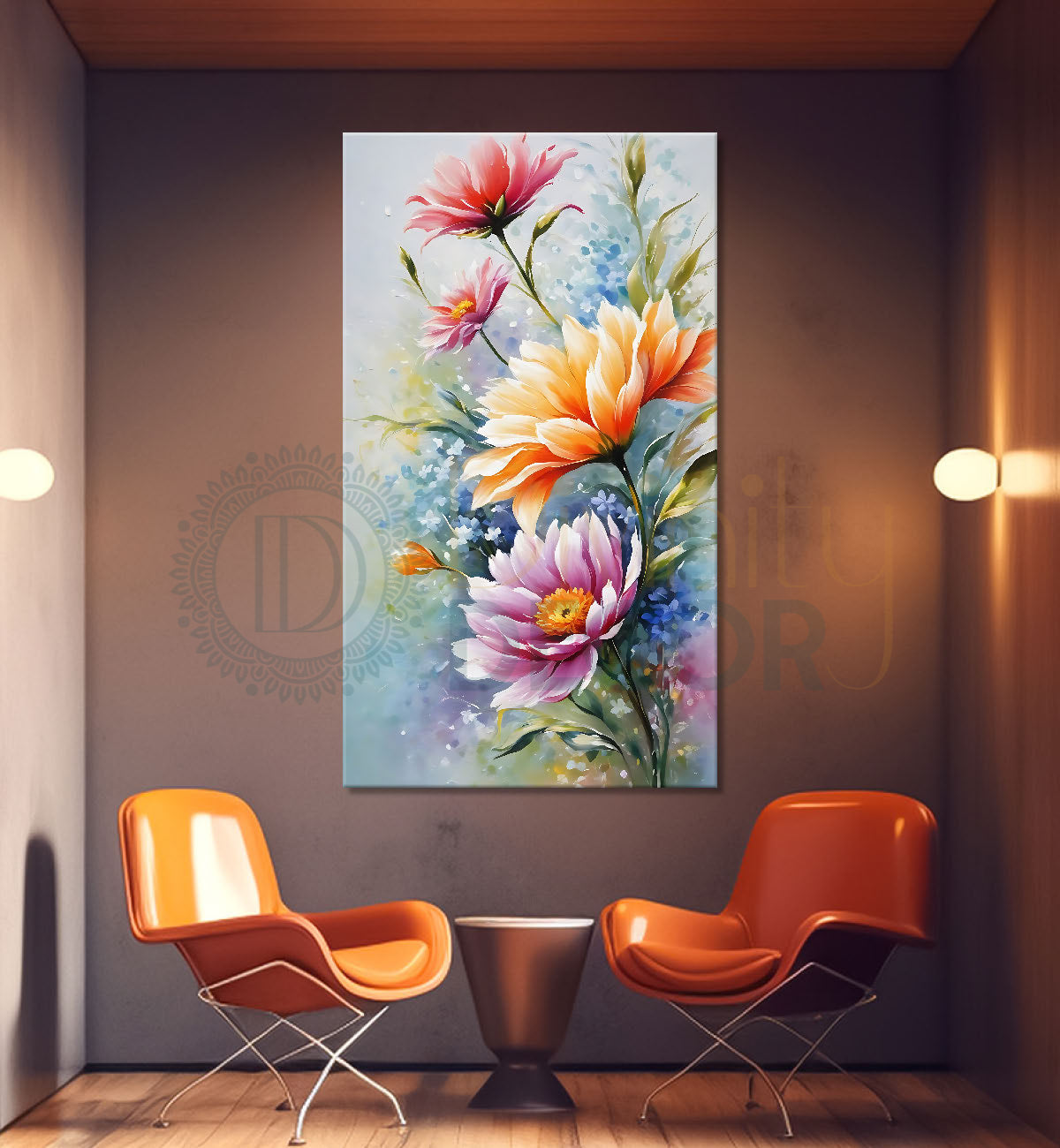 Pink and yellow flowers in grey textured background  - Flower-V-578