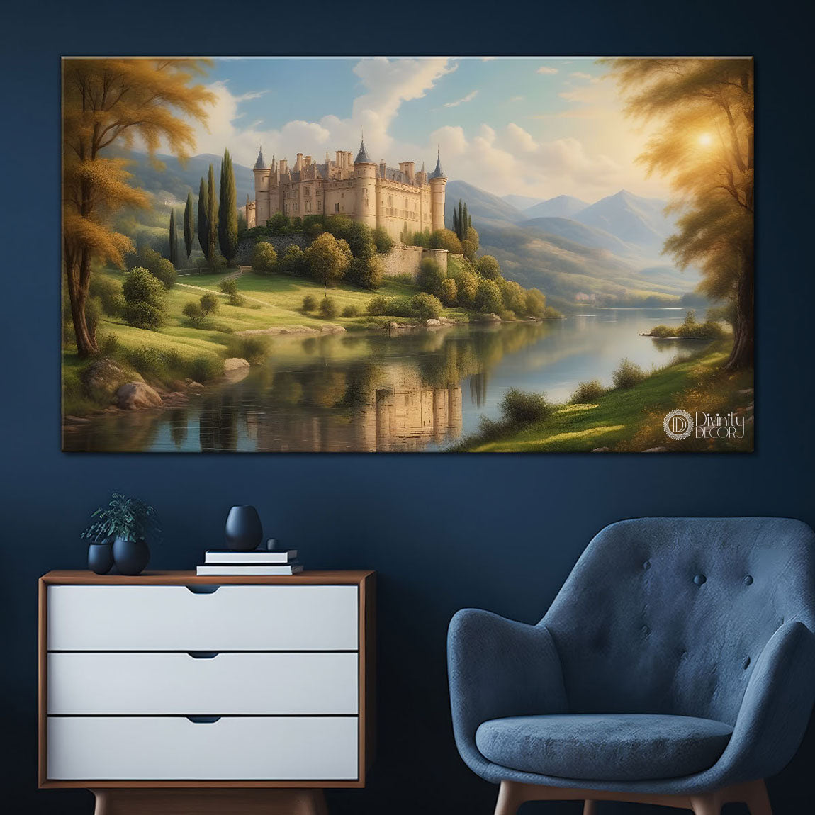Castle with greenery and lake painting Canvas Painting - Nature Art -579