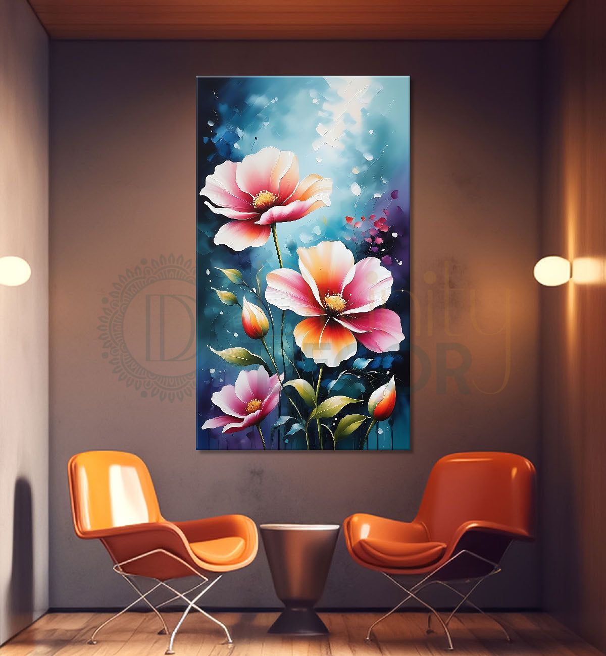Pink flowers in blue textured painting - Flower-V-579