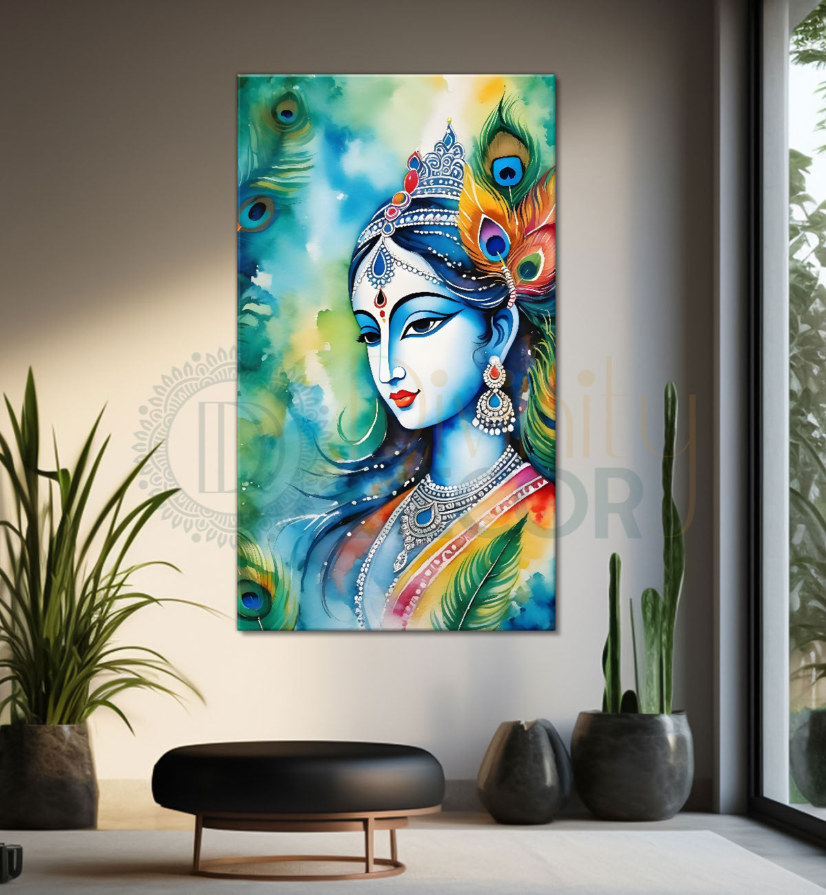 Blue face of krishna in water colour textured art Canvas Painting - Design - Krishna-V-57