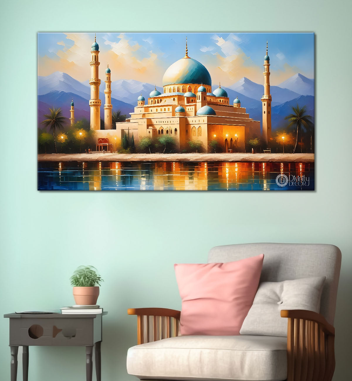 Beautiful Islamic mosque with lake textured oil painting Canvas Painting - Islamic paintings - 58