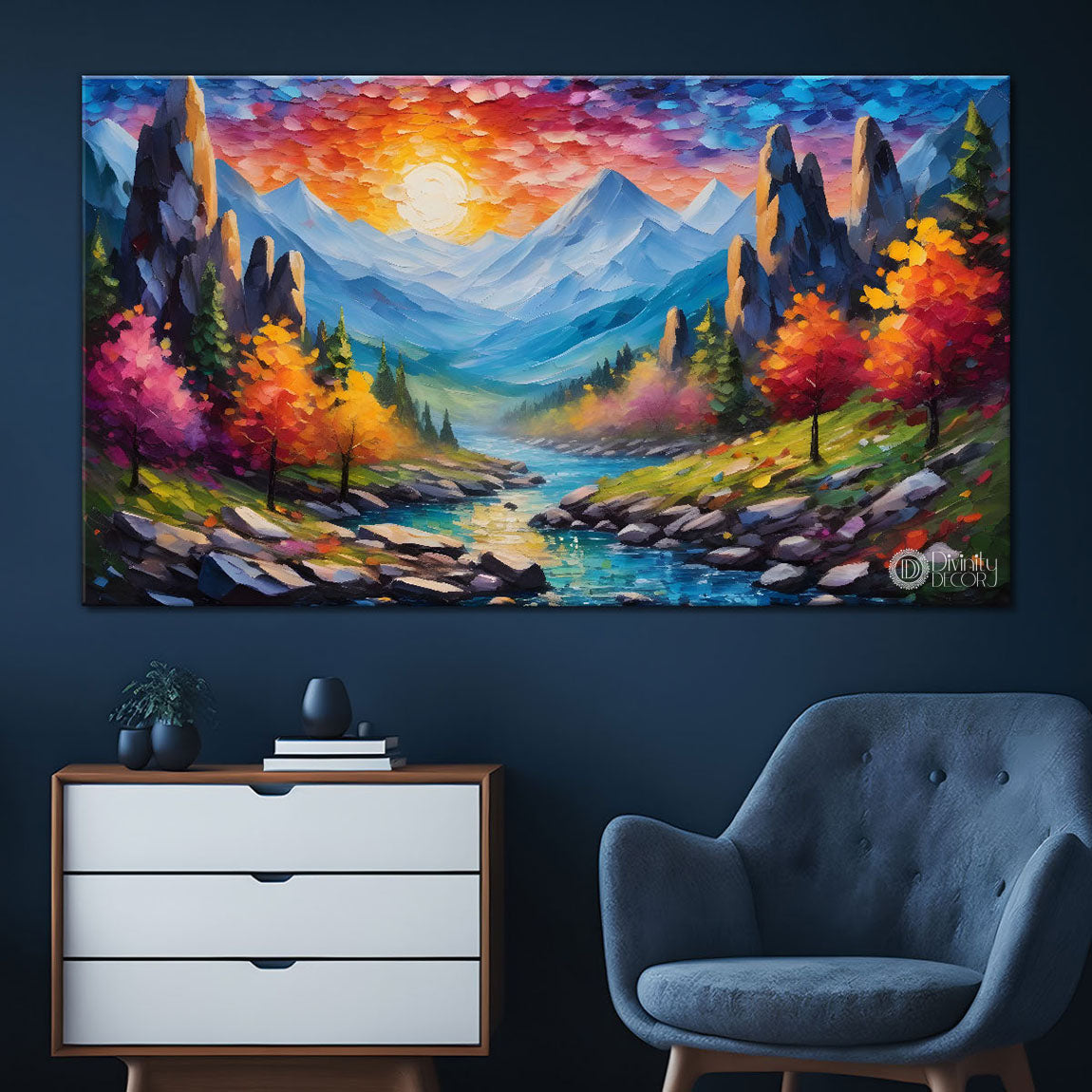 Mountains with colorful trees and lake painting Canvas Painting - Nature Art -580