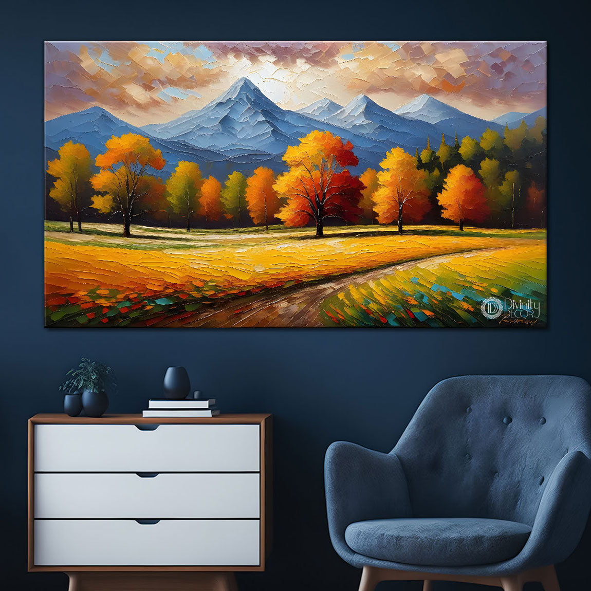 Mountains with trees and field painting Canvas Painting - Nature Art -581