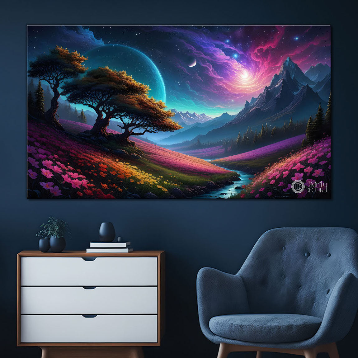 Mountains with trees with purple textured painting Canvas Painting - Nature Art -583