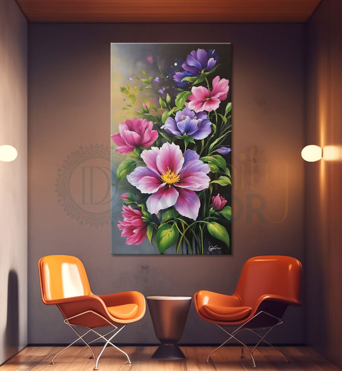 Pink flowers in grey textured painting - Flower-V-583