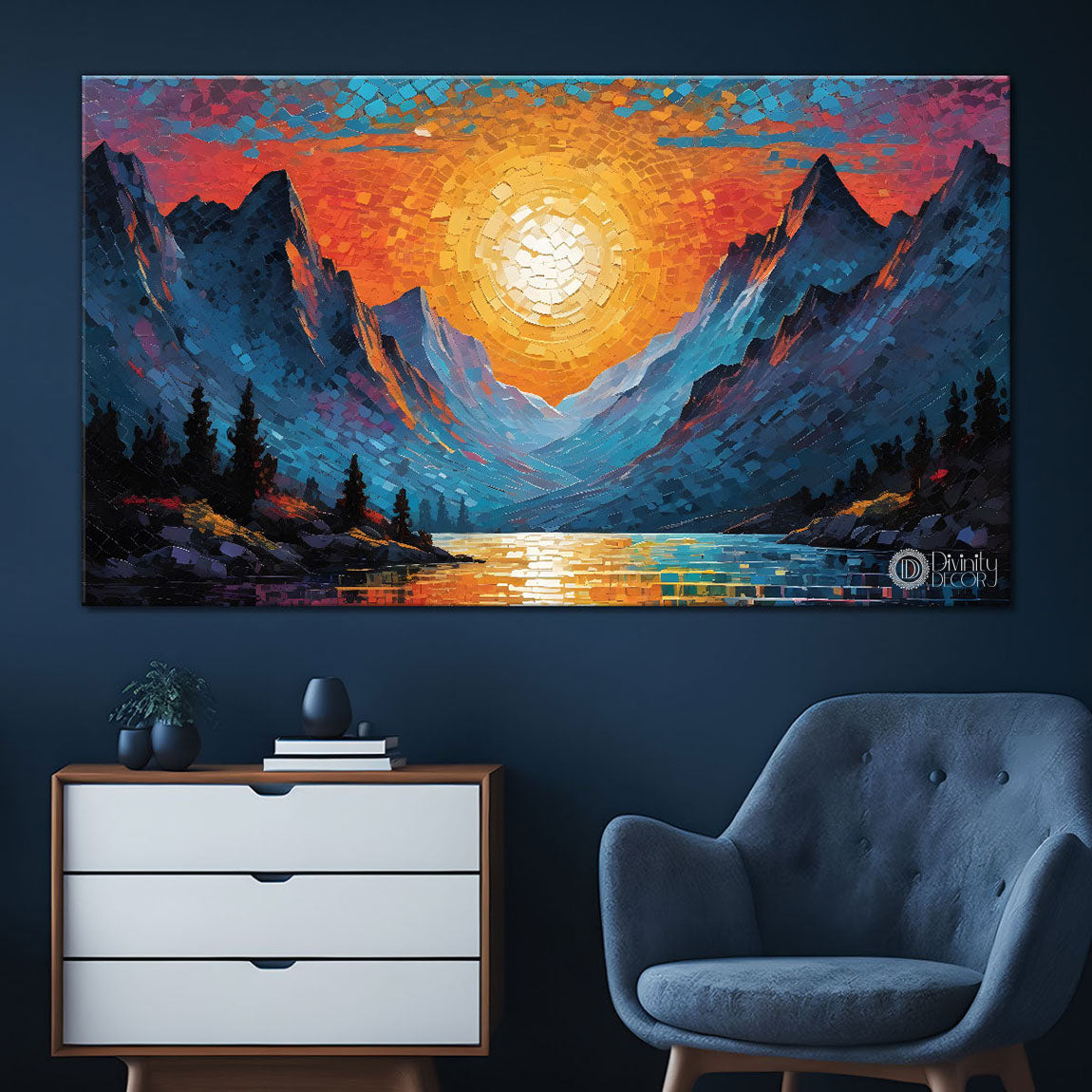 Mountains with sunrise with lake painting Canvas Painting - Nature Art -584