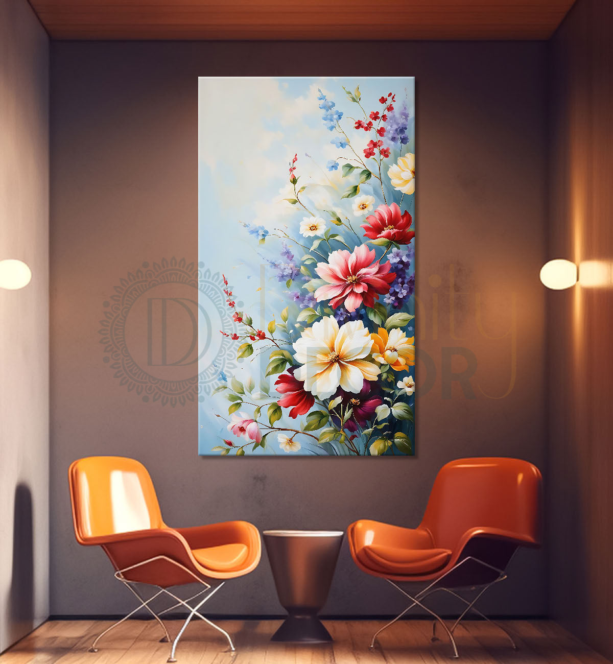 Colourful flowers in sky blue textured art  - Flower-V-584