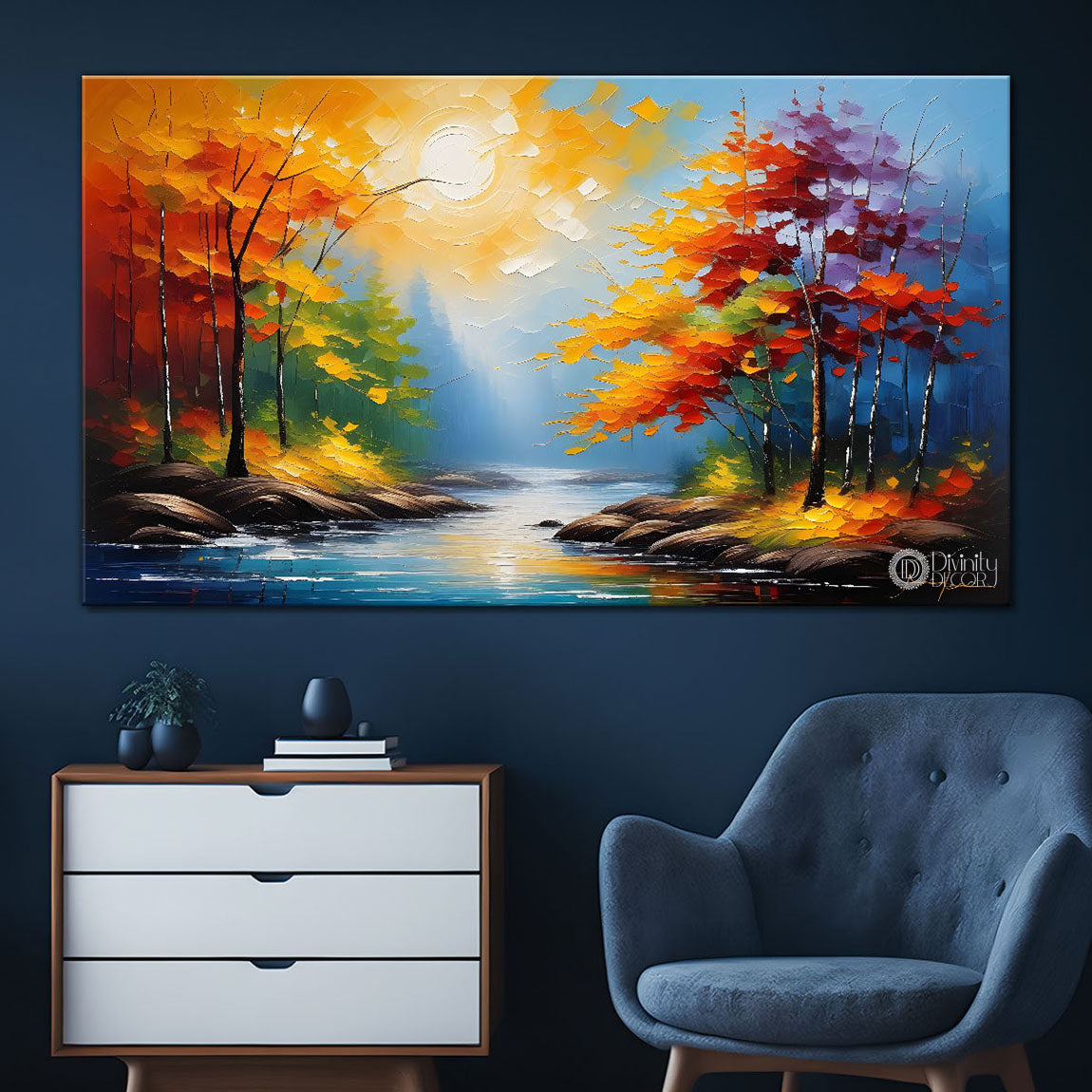 Orange trees with lake painting Canvas Painting - Nature Art -585